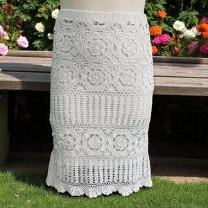 Boho Crochet Midi Skirt‎ White Floral Knit Lined 111 State XL Cottagecore